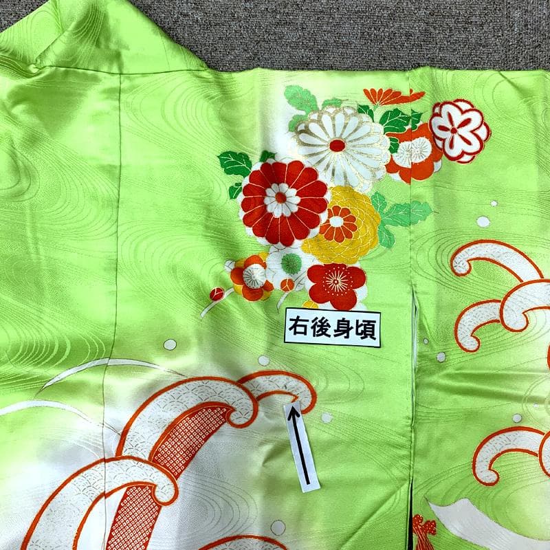 508ag71□七五三 七歳 女児 着物&袋帯 御所車 菊 波頭 黄緑□美品