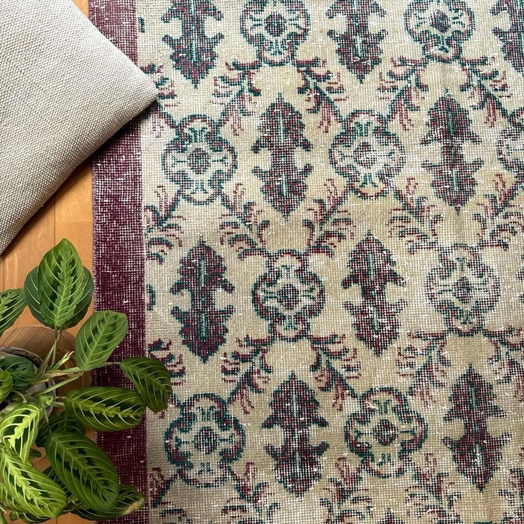 113×198レアえんじ色×グリーン 紋章ボタニカル　トルコヴィンテージラグ